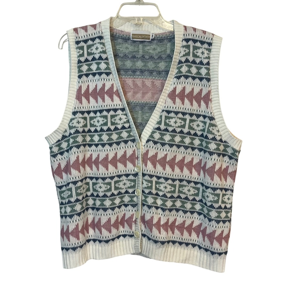 VTG Sweater Vest V‎ Neck Button Front Pink Green Blue Graphic Plus Size 1X